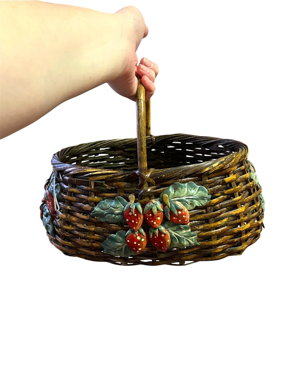 Vintage Wicker/Rattan Woven Cottage-core Basket With A Strawberry Motif, 14x10